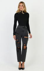 Billie Jeans - High Waisted Cotton Distressed Mom Denim Jeans in Black Wash
