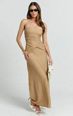 Santiago Midi Dress - Textured Jersey Strapless Twist Waist Dress in Beige