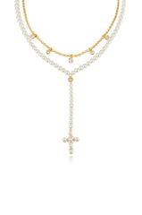 Pearl Cross Drop Lariat Necklace Set