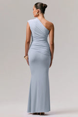 Mardi | Powder Blue Asymmetric Maxi Dress With Ruching