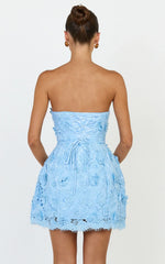 Maristella Mini Dress - Strapless Lace Up Back A Line Dress in Blue