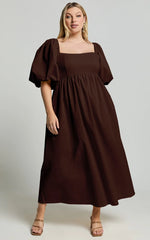 Cenia Midi Dress - Linen Straight Neck Shirred Back Puff Sleeve Dress in Dark Oak