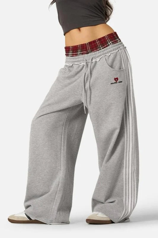 Vintage Stripe Embroidery Relaxed Double Waist Pants