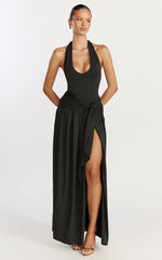 Coraline Maxi Dress - Plunge Neckline Double Waist Sash Halter Dress in Black
