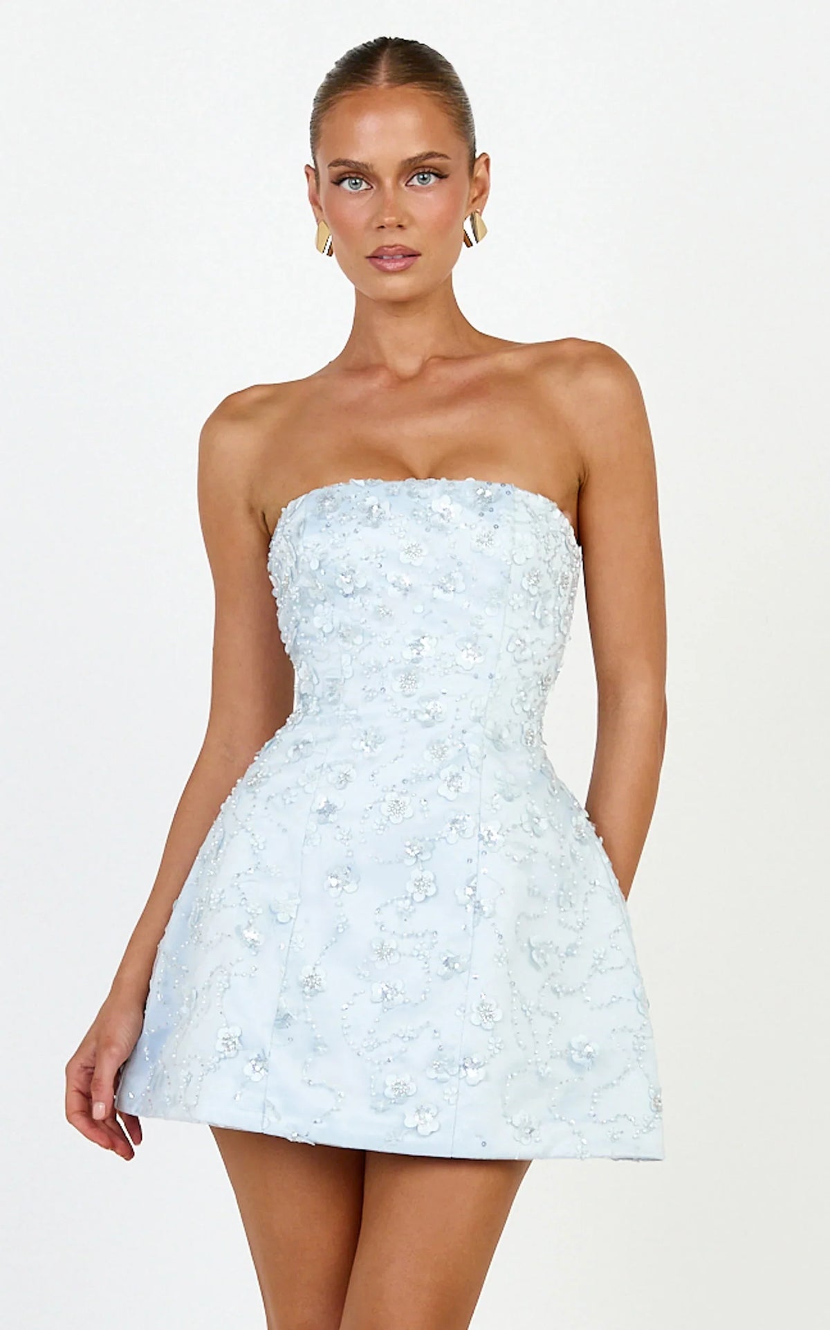 Leona Mini Dress - Strapless Sequin Tulip Dress in Baby Blue