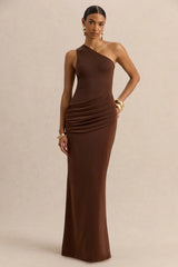 Arovia | Brown Satin Asymmetric-Neck Maxi Dress With Draped-Detail