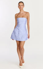 Rosalie Mini Dress - Strapless Jacquard Floral Mini Dress in Blue