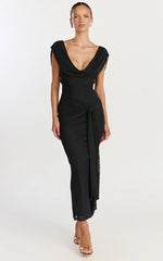 Zena Midi Dress - Cowl Neck Tie Detail Dress in Black