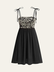 Embroidered Midi Dress with Tie-Up Straps