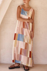 Geometric Print Wide Strap Slit Casual Resort Maxi Dress