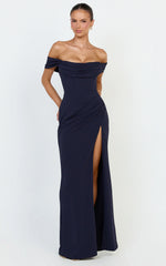 Off Shoulder Corset High Split Dress in Navy