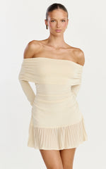 Roxy Mini Dress - Off Shoulder Long Sleeve Pleated Skirt Dress in Cream