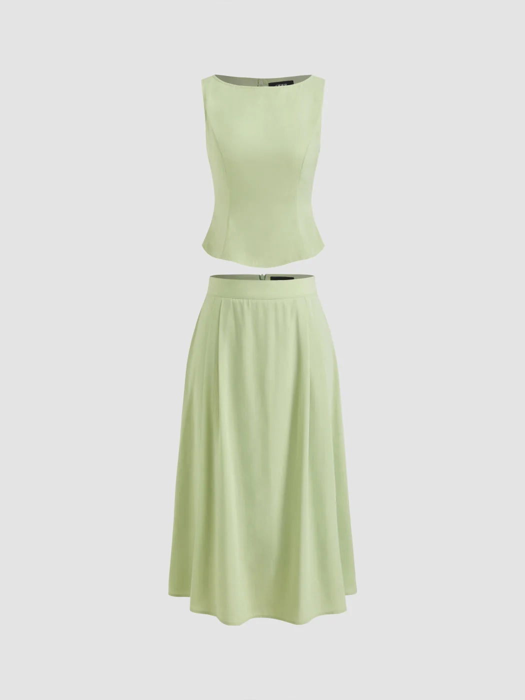 Woven Boat Neck Solid Tank Top & Mid Rise Midi Skirt