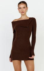 Tess Mini Dress - Asymmetric Off Shoulder Long Sleeve Knit Dress in Chocolate