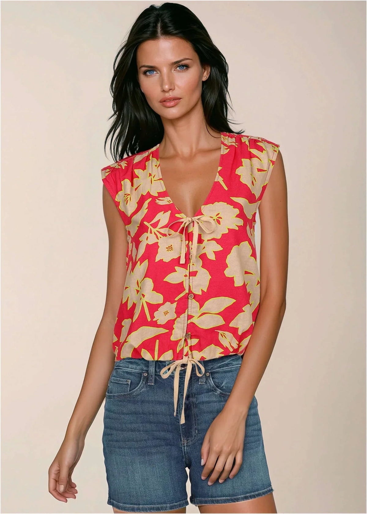 Linen V Neck Tank Warm Block Floral