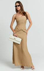 Santiago Midi Dress - Textured Jersey Strapless Twist Waist Dress in Beige