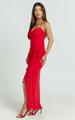 Silvana Midi Dress - Halter Ruched Side Split Dress in Red