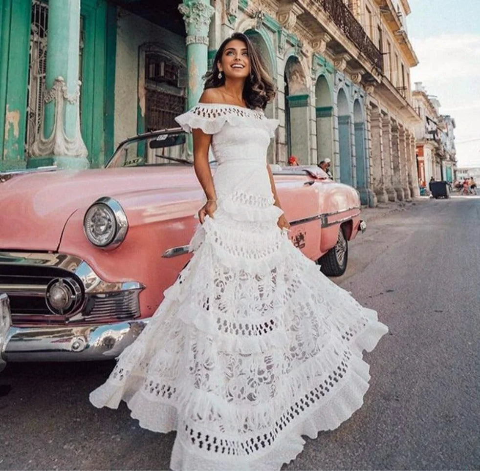 JuliaFashion - White Lace Petal Sleeve Vintage Maxi Dress