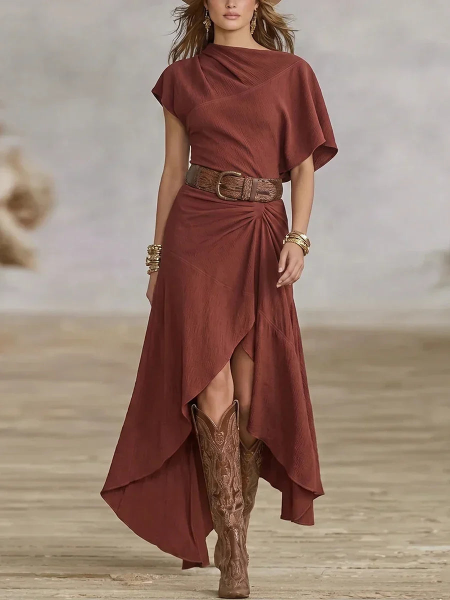Rust Red Asymmetric Neck Ruched Waist Irregular High Slit Maxi Dress