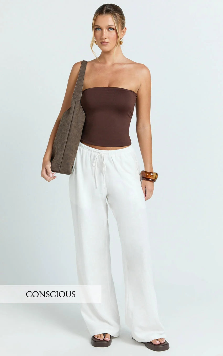 Wesley Pants - Mid Rise Relaxed Leg Linen Blend Pants in Off White