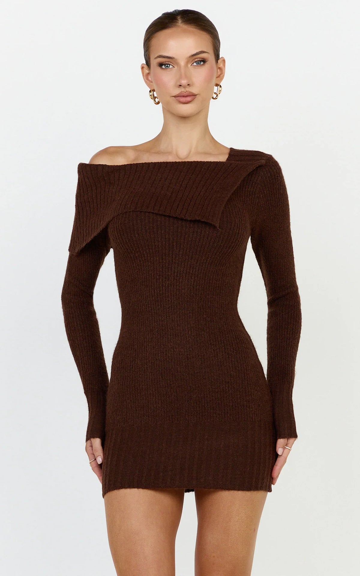 Tess Mini Dress - Asymmetric Off Shoulder Long Sleeve Knit Dress in Chocolate