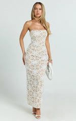 Tamika Midi Dress - Crochet Strapless Column Dress in White
