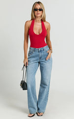 Suzanna Bodysuit - V Neck Halter Bodysuit in Red
