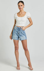 Valerie Top - Puff Sleeve Ruched Button Front Tie Hem Top in White