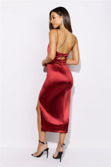 Sipping The Finest Satin Midi Dress Red