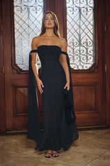 Luxe Lady Satin Off Shoulder Maxi Dress Black