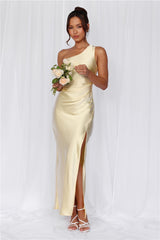 HELLO MOLLY The Aurora One Shoulder Satin Maxi Dress Yellow