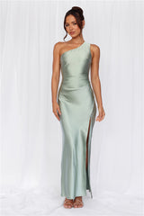 HELLO MOLLY The Aurora One Shoulder Satin Maxi Dress Sage