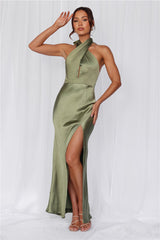 HELLO MOLLY The Adeline Halter Satin Maxi Dress Olive