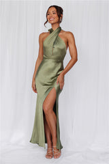 HELLO MOLLY The Adeline Halter Satin Maxi Dress Olive