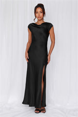 HELLO MOLLY The Valentina Cap Sleeve Satin Maxi Dress Black