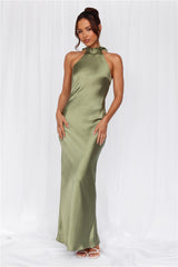 HELLO MOLLY The Cleo Halter Satin Maxi Dress Olive