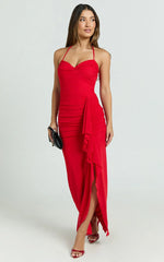 Silvana Midi Dress - Halter Ruched Side Split Dress in Red