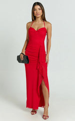 Silvana Midi Dress - Halter Ruched Side Split Dress in Red