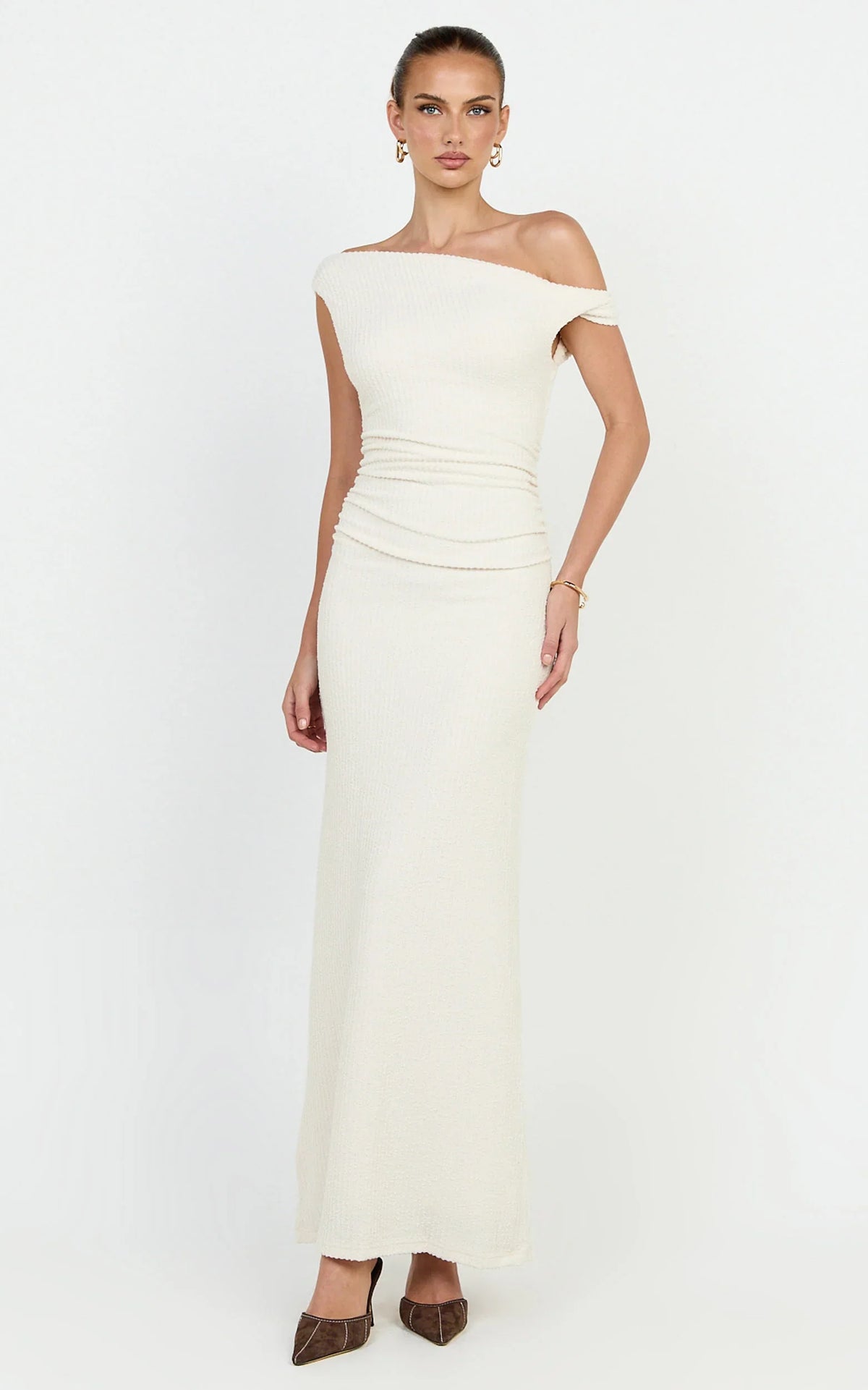 Veda Maxi Dress - Asymmetric One Shoulder Ruched Maxi Dress in Cream