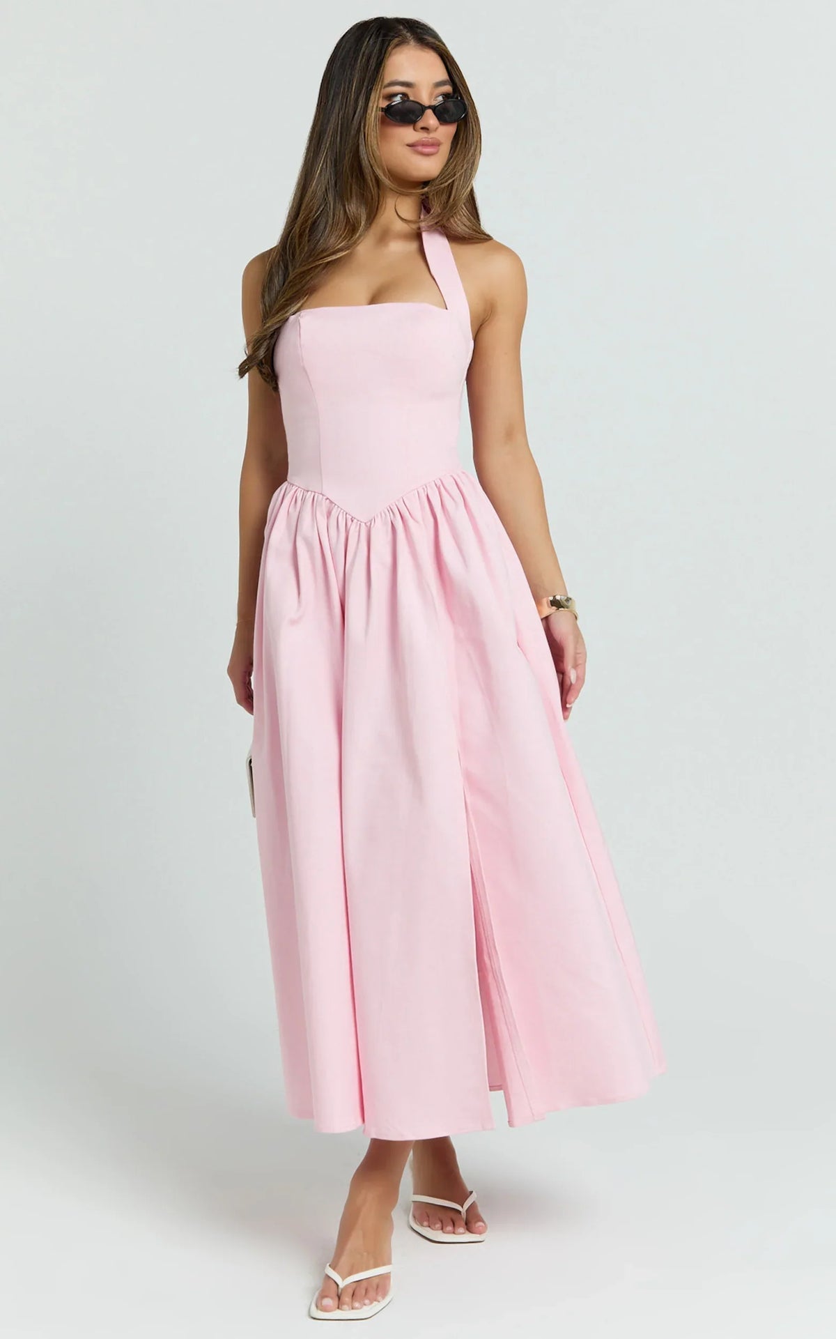 Halter Tie Neck Corset Panel Dress in Pink