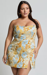 Brailey Mini Dress - Strapless Dress in Blue Jacquard