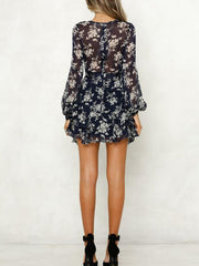 JuliaFashion-Floral Printed Surplice Neck Ruffled Mini Dress