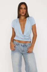Almost Told You Short Sleeve Cowl Neck Top Dusty Blue
