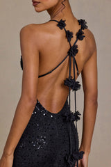 Embellished Plunge Open Back Gown in Black