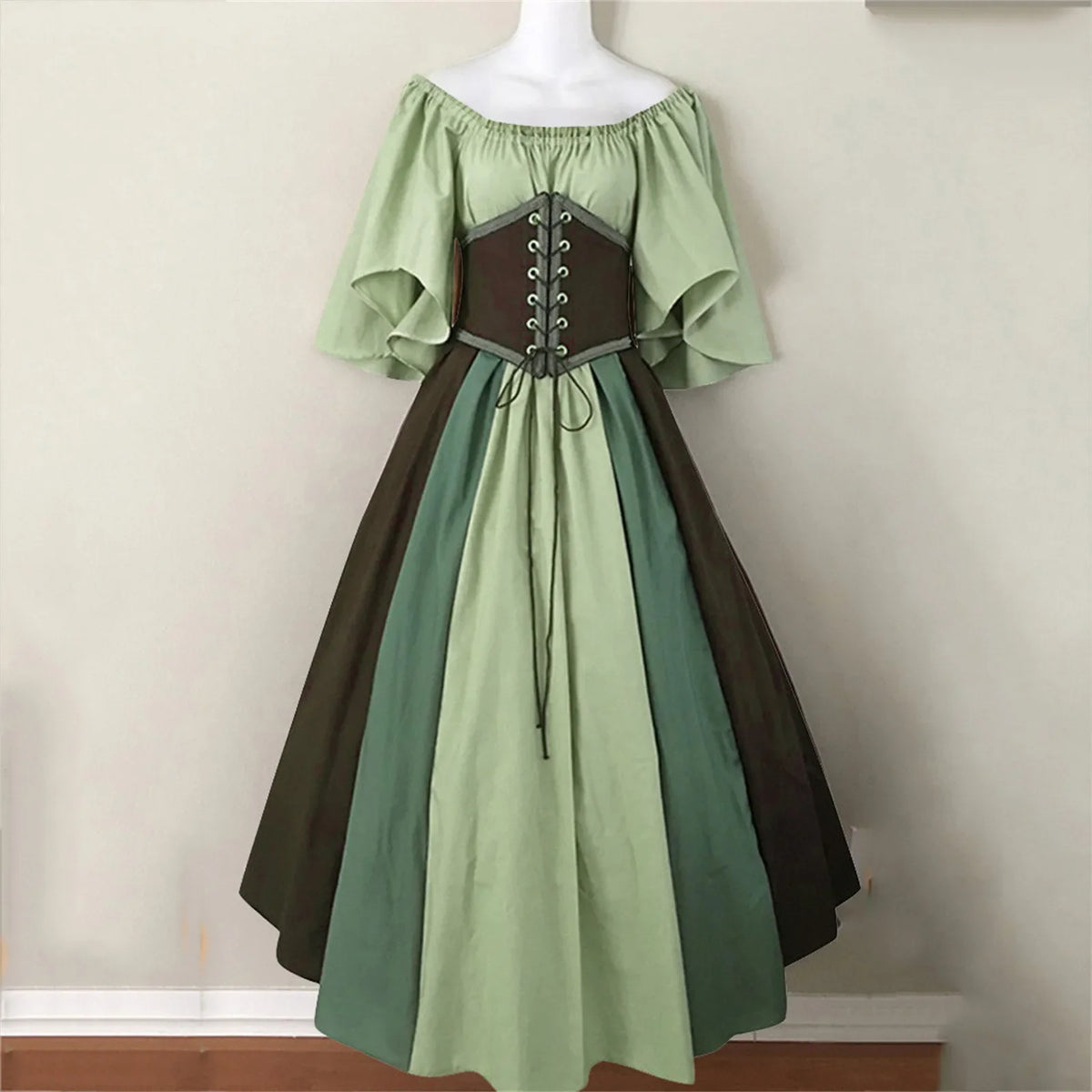 Medieval Retro Color Block Off Shoulder Party Dress