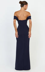 Off Shoulder Corset High Split Dress in Navy