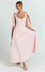 Shoulder Tie Bustier Shirred Back A Line in Pink