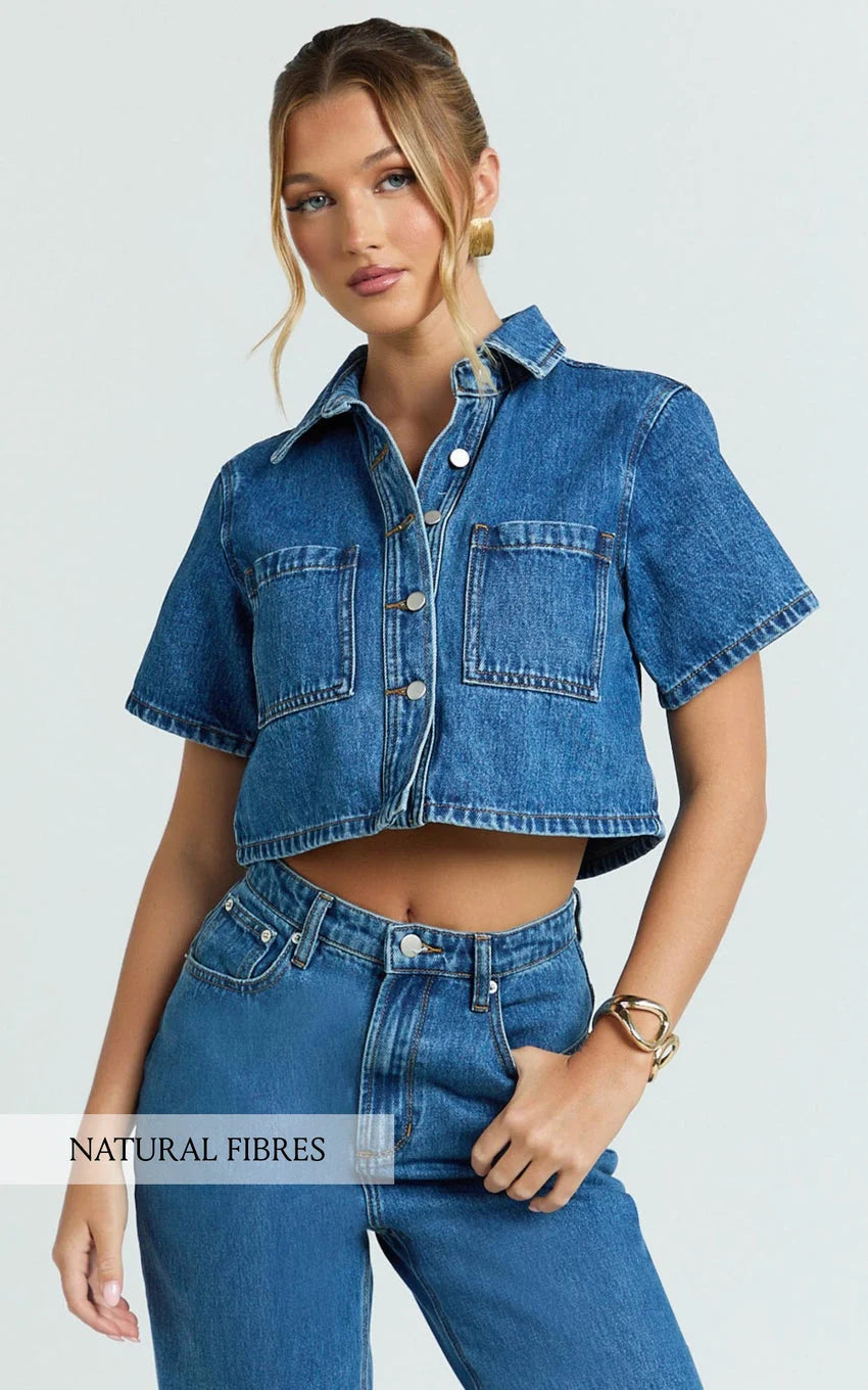 Serena Top - Denim Button Down Short Sleeve Top in Dark Blue Wash