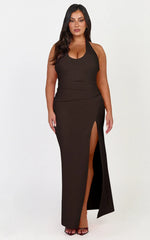 Ruby Maxi Dress - Halter Scoop Neck Low Back Bodycon Dress in Chocolate