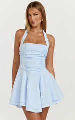 Anya Mini Dress - Halter Neck Gathered Top Drop Waist Fit And Flare Dress in Blue
